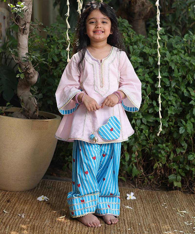Light pink embroidered cotton kurti set