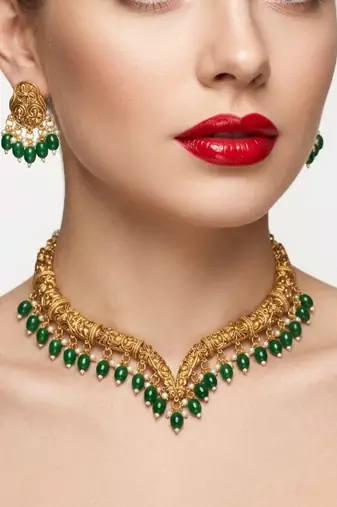 Handcrafted traditional gold-plated choker necklace set with pearl drops - ethnic jewelry for weddings