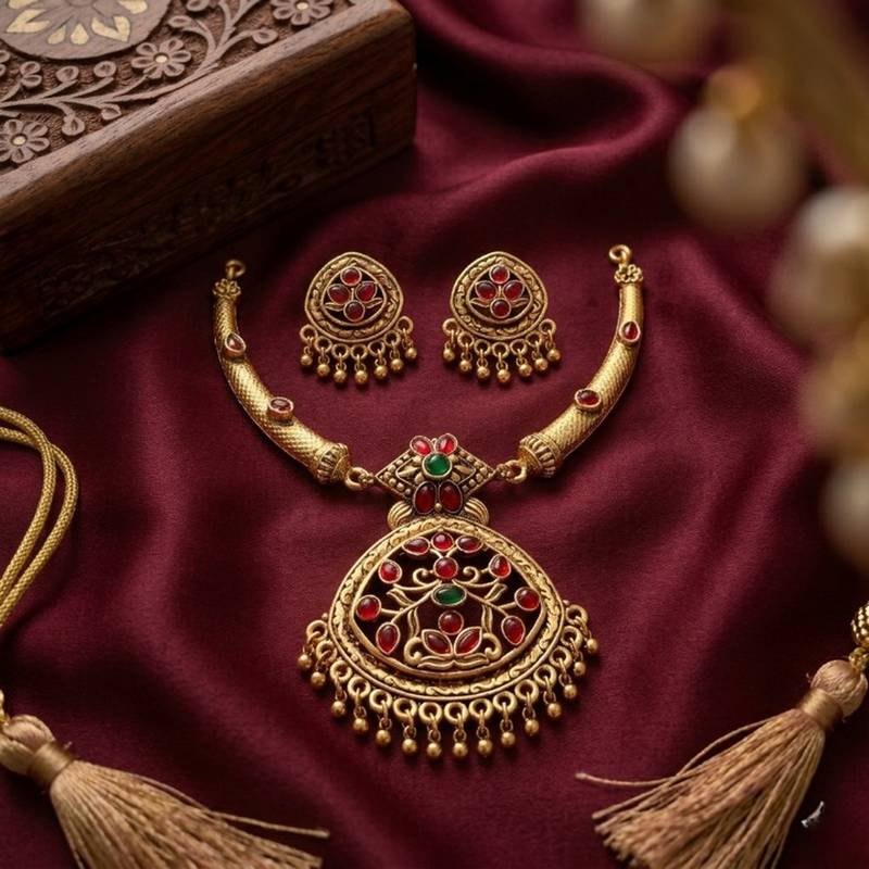 Gold plated matte indian necklace set with stones traditional bollywood wedding jewelry with earrings