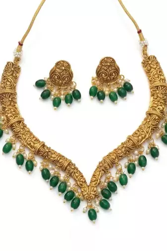 Handcrafted traditional gold-plated choker necklace set with pearl drops - ethnic jewelry for weddings
