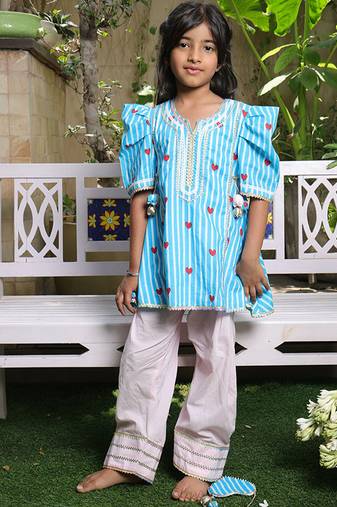 Bright blue printed cotton kurti set
