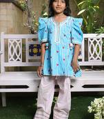 Bright blue printed cotton kurti set
