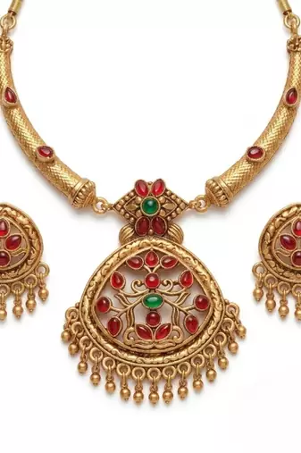 Gold plated matte indian necklace set with stones traditional bollywood wedding jewelry with earrings
