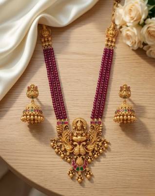 Antique-finish goddess ruby beaded necklace & stud earring set - traditional kemp stone temple jewelry 1