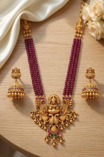 Antique-finish goddess ruby beaded necklace & stud earring set - traditional kemp stone temple jewelry