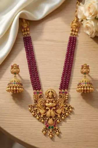 Antique-finish goddess ruby beaded necklace & stud earring set - traditional kemp stone temple jewelry
