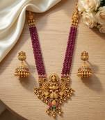 Antique-finish goddess ruby beaded necklace & stud earring set - traditional kemp stone temple jewelry