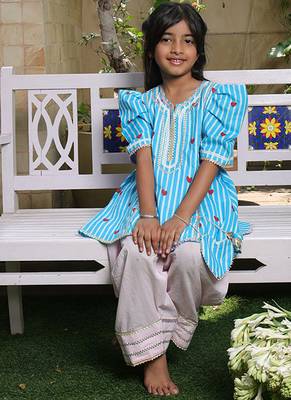 Bright blue printed cotton kurti set 2