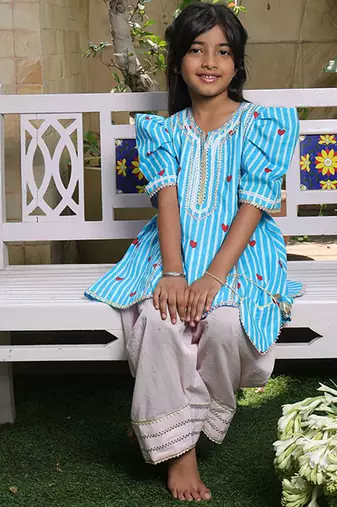Bright blue printed cotton kurti set
