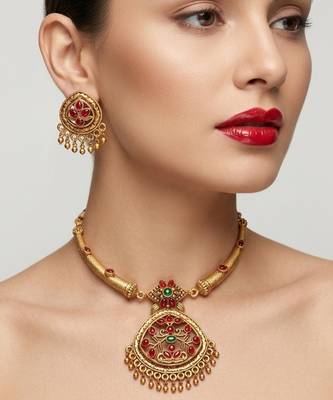 Gold plated matte indian necklace set with stones traditional bollywood wedding jewelry with earrings 4