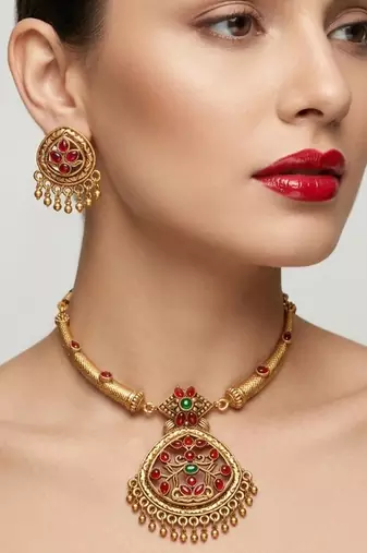 Gold plated matte indian necklace set with stones traditional bollywood wedding jewelry with earrings