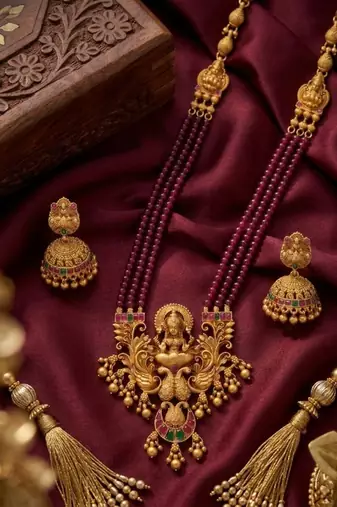 Antique-finish goddess ruby beaded necklace & stud earring set - traditional kemp stone temple jewelry