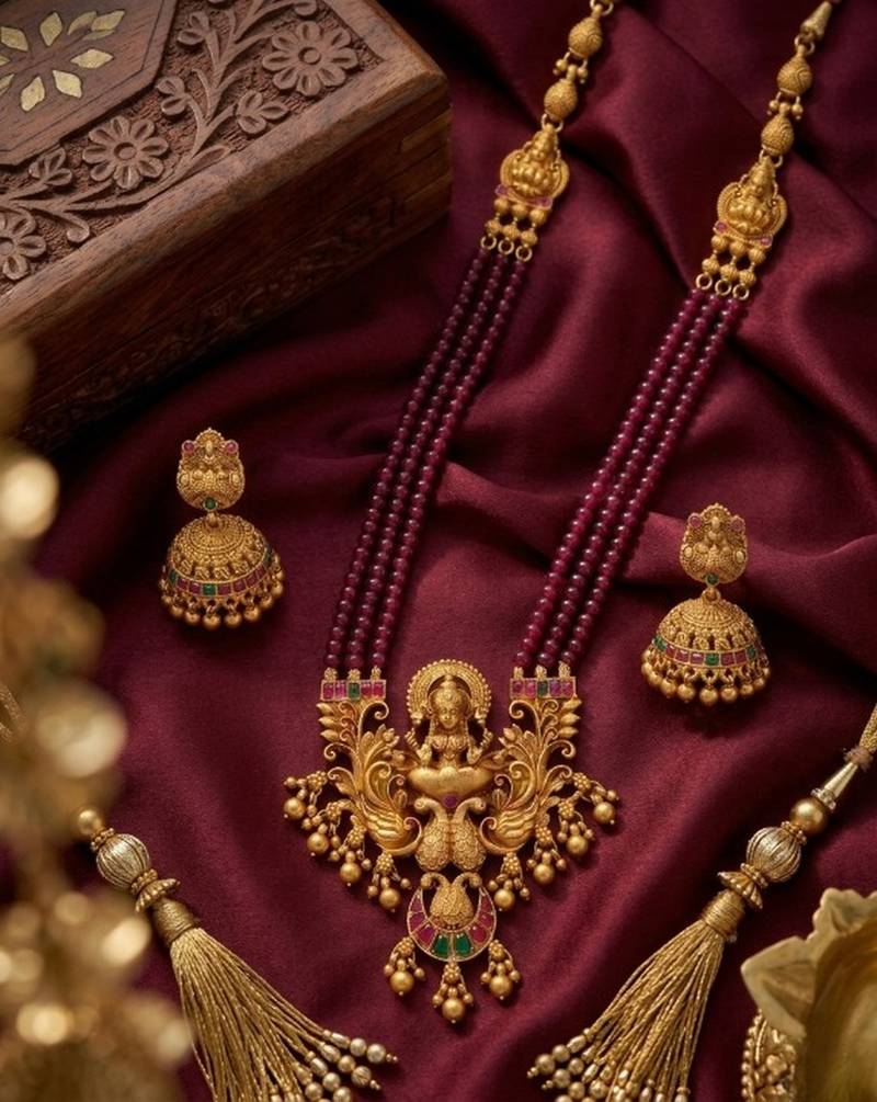 Antique-finish goddess ruby beaded necklace & stud earring set - traditional kemp stone temple jewelry