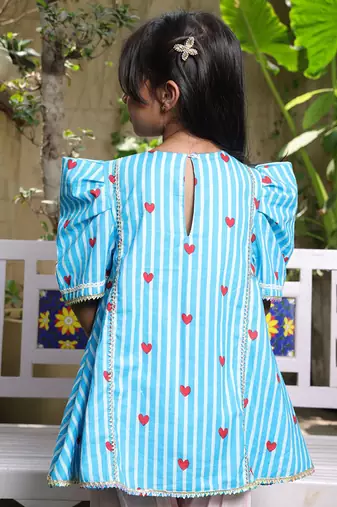 Bright blue printed cotton kurti set