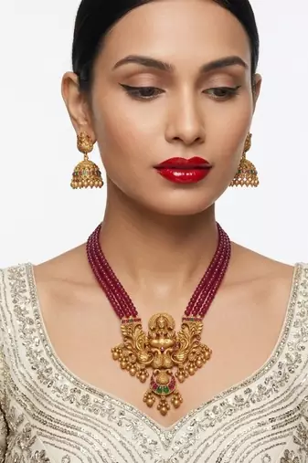 Antique-finish goddess ruby beaded necklace & stud earring set - traditional kemp stone temple jewelry