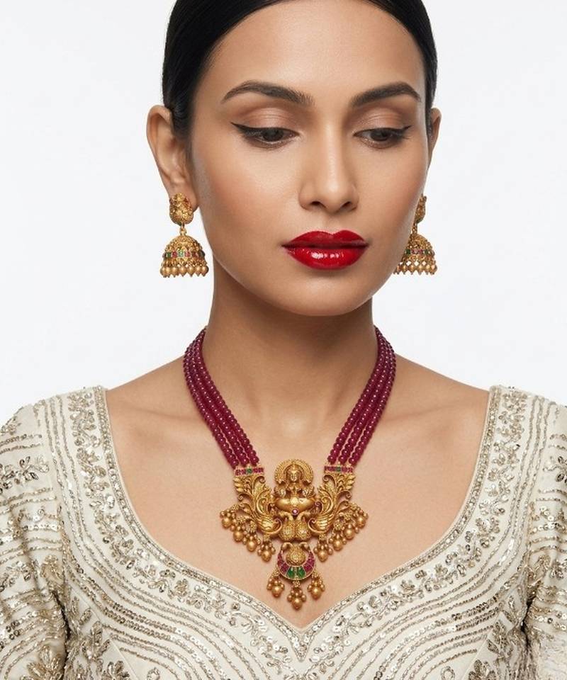 Antique-finish goddess ruby beaded necklace & stud earring set - traditional kemp stone temple jewelry