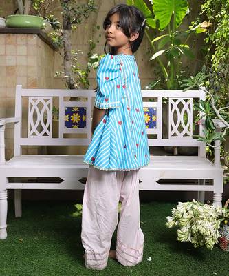 Bright blue printed cotton kurti set 4