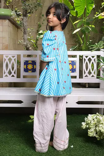 Bright blue printed cotton kurti set