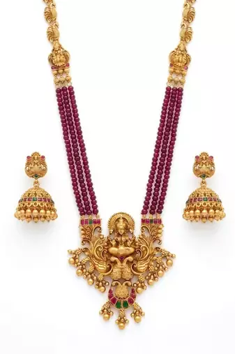 Antique-finish goddess ruby beaded necklace & stud earring set - traditional kemp stone temple jewelry