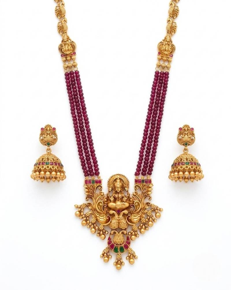 Antique-finish goddess ruby beaded necklace & stud earring set - traditional kemp stone temple jewelry