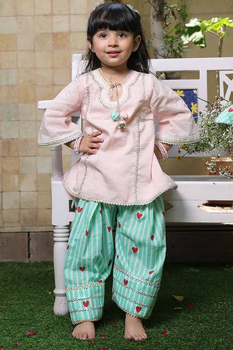 Pastel pink embroidered cotton kurti set