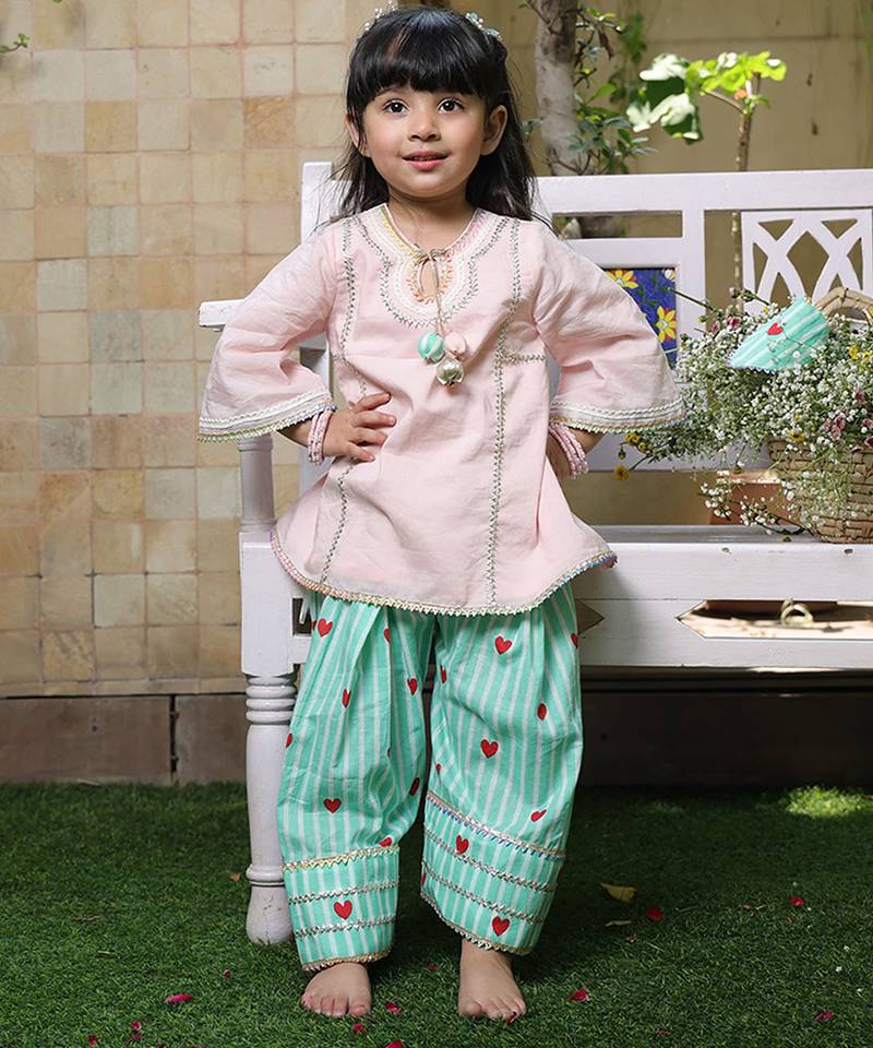 Pastel pink embroidered cotton kurti set
