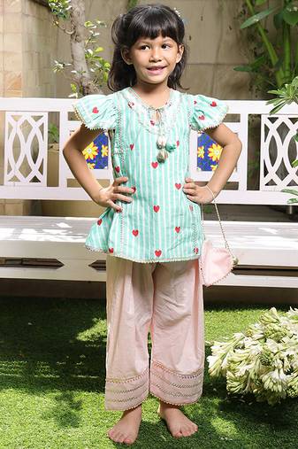 Mint green printed cotton kurti set