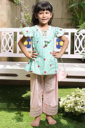 Mint green printed cotton kurti set