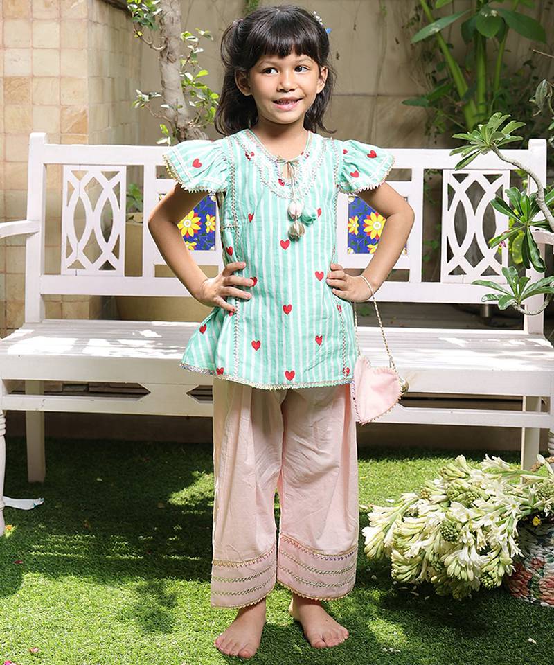 Mint green printed cotton kurti set