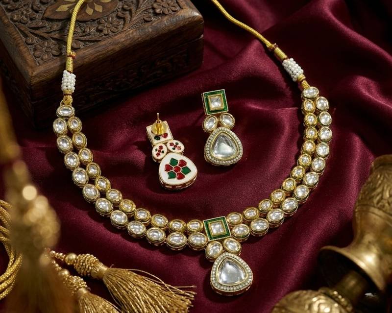 Handcrafted gold-plated kundan choker necklace set with earrings | traditional ethnic indian bridal jewelry for women