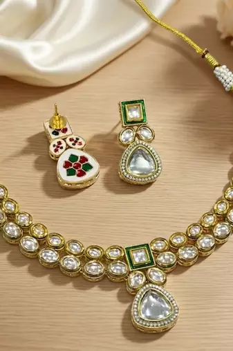Handcrafted gold-plated kundan choker necklace set with earrings | traditional ethnic indian bridal jewelry for women