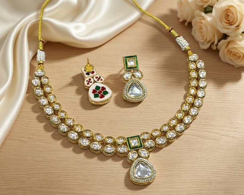 Handcrafted gold-plated kundan choker necklace set with earrings | traditional ethnic indian bridal jewelry for women