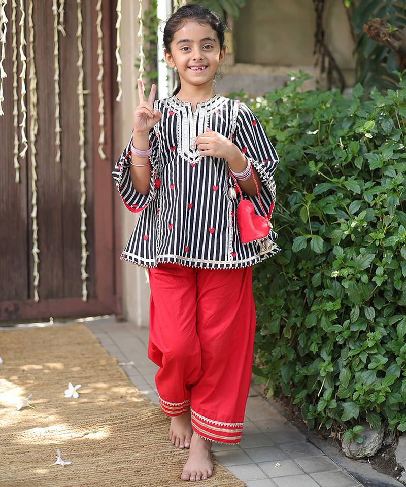 Black and white printed cotton kurti set