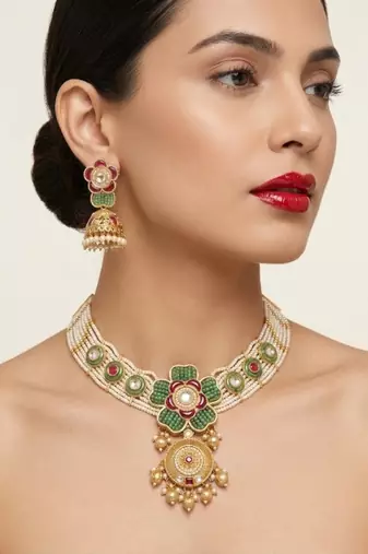 Antique gold-plated kundan pearl bridal necklace set with jhumka | traditional ethnic jewelry