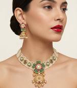 Antique gold-plated kundan pearl bridal necklace set with jhumka | traditional ethnic jewelry
