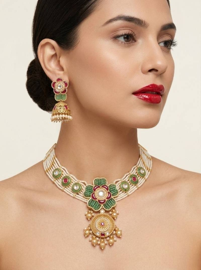 Antique gold-plated kundan pearl bridal necklace set with jhumka | traditional ethnic jewelry