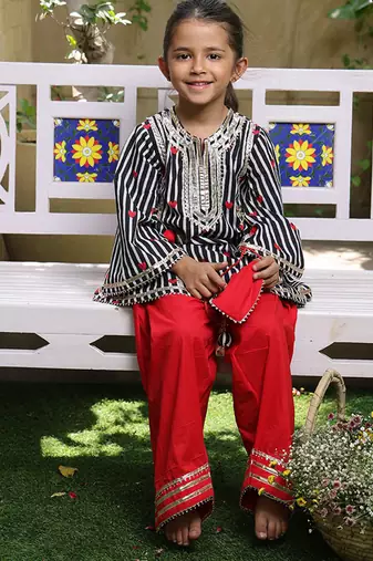 Black and white printed cotton kurti set