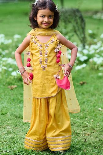 Mustard yellow embroidered cotton kurti set