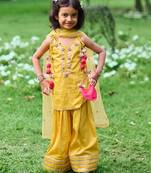 Mustard yellow embroidered cotton kurti set