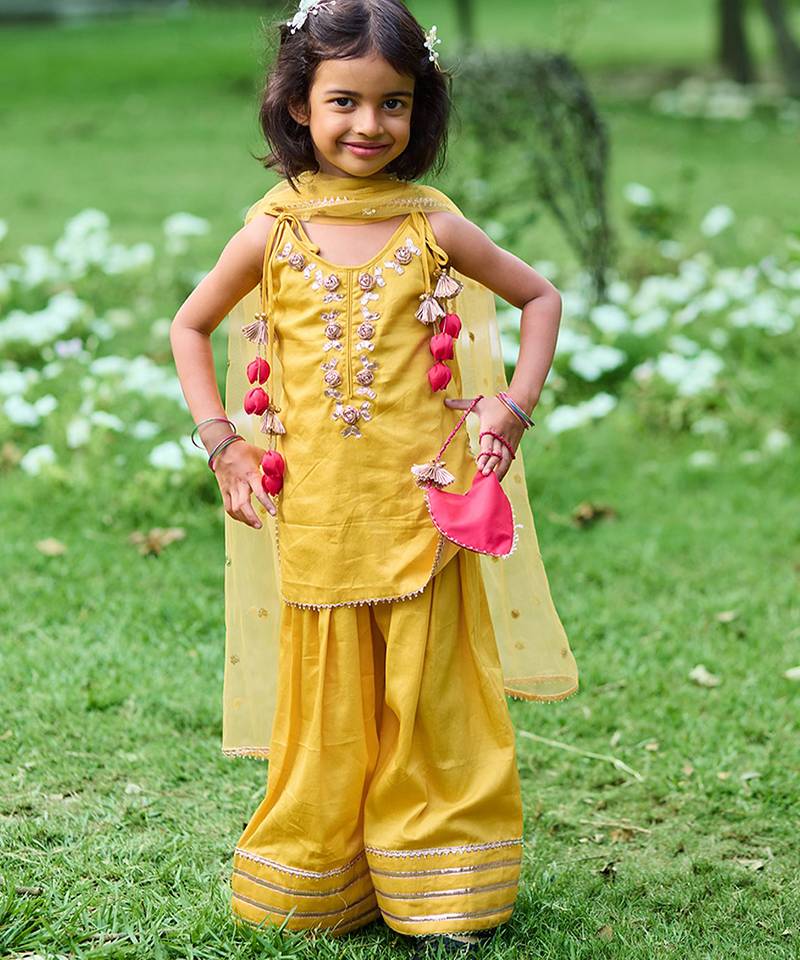 Mustard yellow embroidered cotton kurti set
