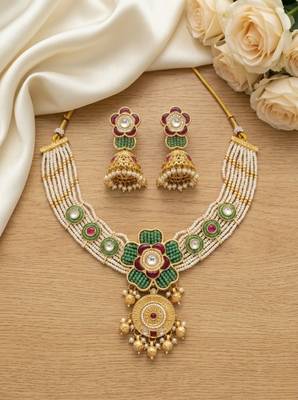 Antique gold-plated kundan pearl bridal necklace set with jhumka | traditional ethnic jewelry 2