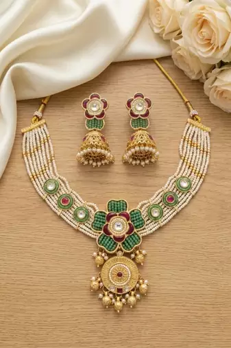 Antique gold-plated kundan pearl bridal necklace set with jhumka | traditional ethnic jewelry