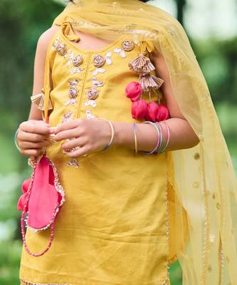 Mustard yellow embroidered cotton kurti set 2