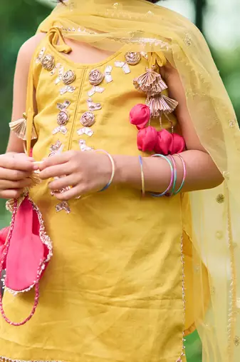 Mustard yellow embroidered cotton kurti set