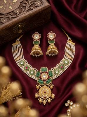 Antique gold-plated kundan pearl bridal necklace set with jhumka | traditional ethnic jewelry 3