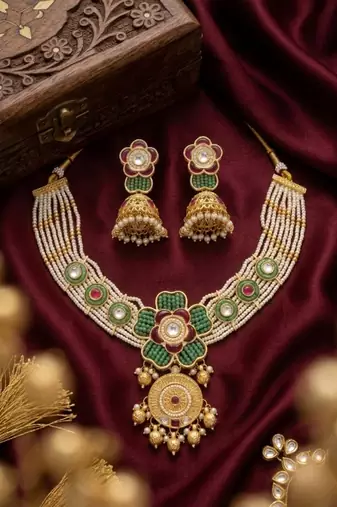 Antique gold-plated kundan pearl bridal necklace set with jhumka | traditional ethnic jewelry