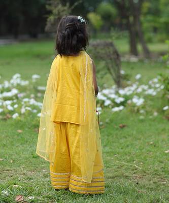 Mustard yellow embroidered cotton kurti set 3