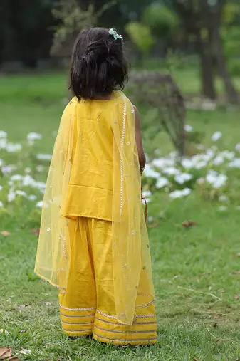 Mustard yellow embroidered cotton kurti set
