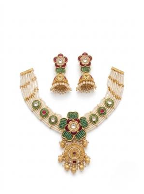 Antique gold-plated kundan pearl bridal necklace set with jhumka | traditional ethnic jewelry 4