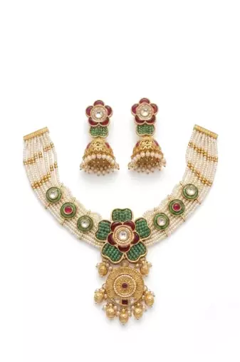Antique gold-plated kundan pearl bridal necklace set with jhumka | traditional ethnic jewelry